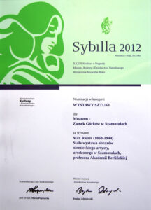 Powiększ obraz: skan nominacji w konkursie "Sybilla 2012" w kategorii "Wystawy Sztuki", którą otrzymało Muzeum - Zamek Górków w Szamotułach