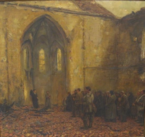Obraz autorstwa Maksymiliana Rabesa „Ruiny kościoła w Ełku z okresu pierwszej wojny światowej”