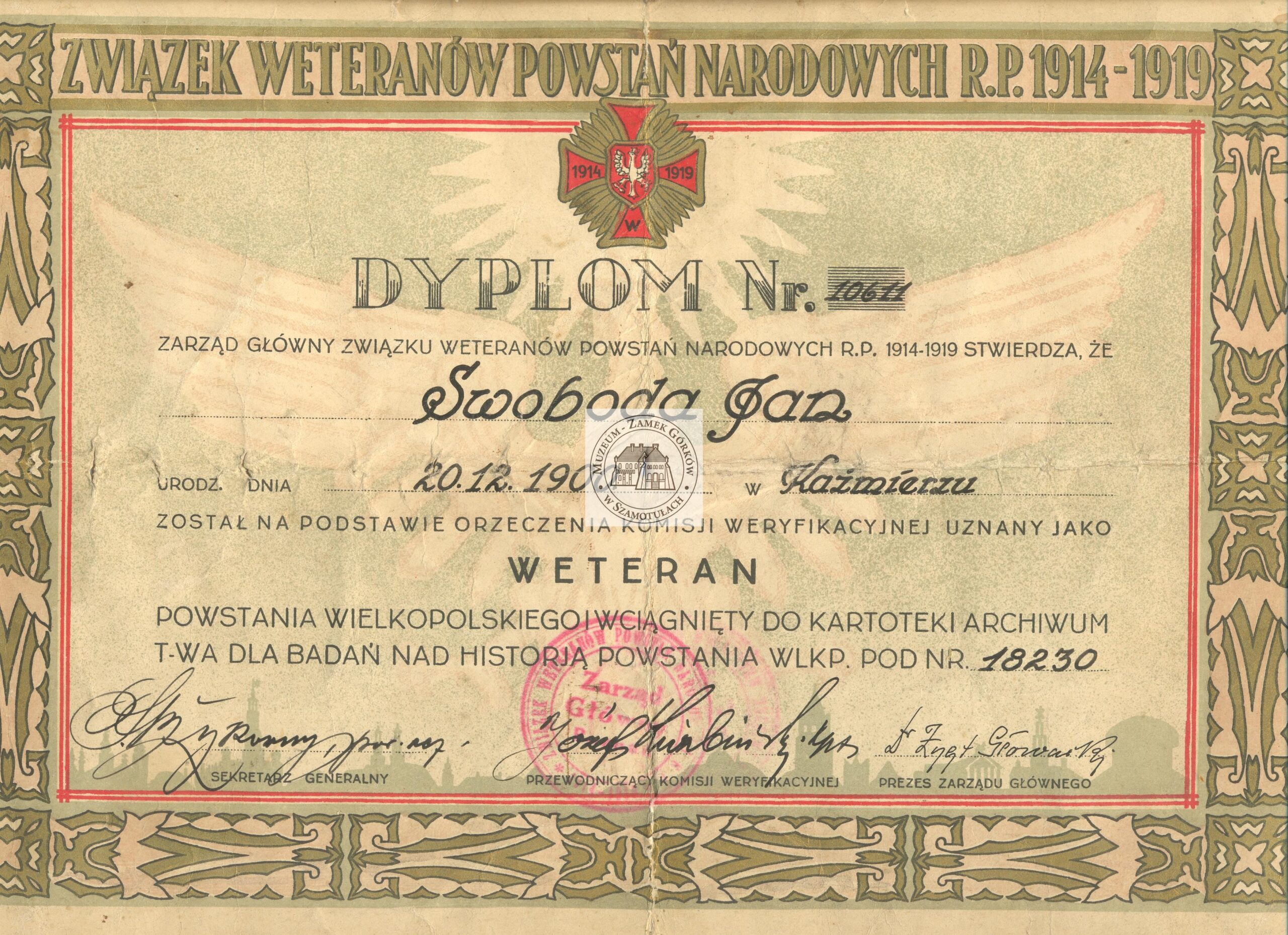 Dyplom Powstańca Jana Swobody ze zbiorów Muzeum-Zamek Górków