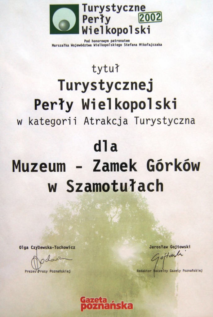 Powiększ obraz: skan nagrody "Turystyczna Perła Wielkopolski 2002" w kategorii Atrakcja Turystyczna, którą otrzymało Muzeum - Zamek Górków w Szamotułach